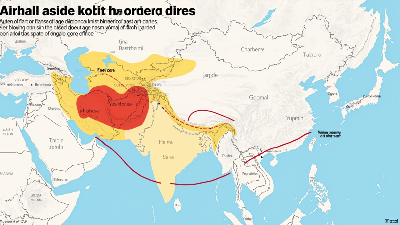 A global flight path map showing rerouted commercial aviation corridors avoiding Middle Eastern airspace, with the closed zones highlighted in red and longer detour routes in yellow