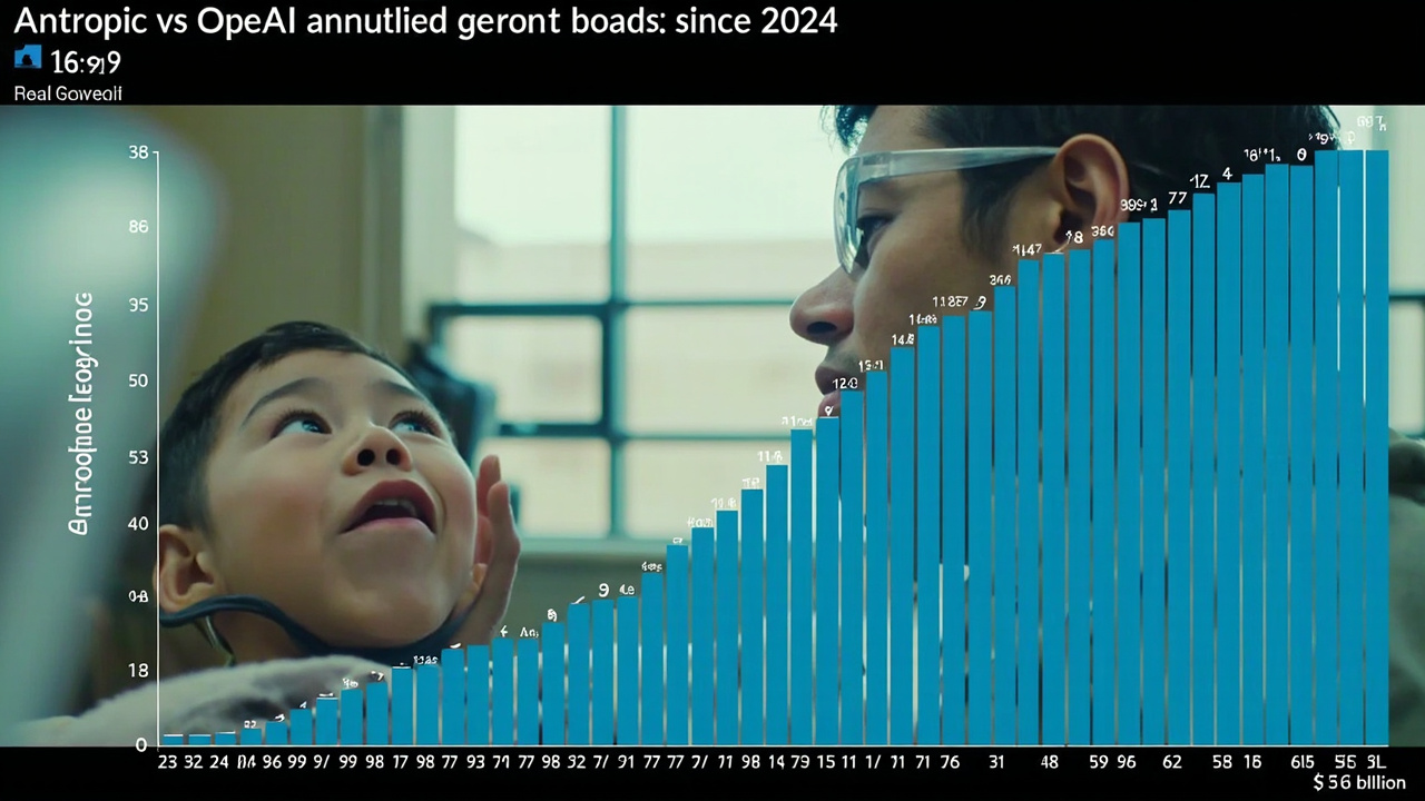 A side-by-side comparison chart of Anthropic and OpenAI annualized revenue trajectories since 2024, showing Anthropic's steeper growth curve narrowing the gap from $19 billion behind to $6 billion