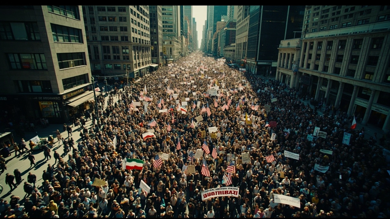 Aerial view of thousands of protesters filling a wide city boulevard carrying 'Stop the War on Iran' banners and American flags