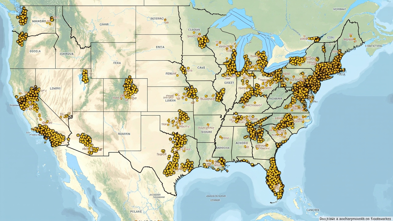 A US map with dots marking the 55-plus cities that held simultaneous anti-war protests on March 7, 2026
