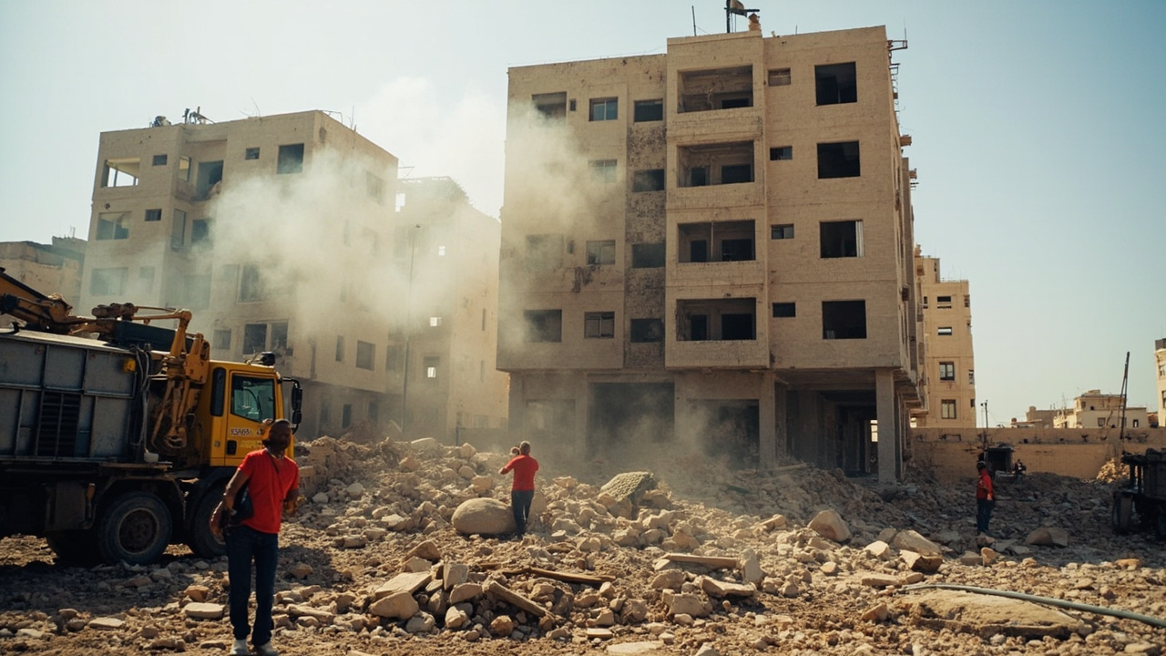 Collapsed residential building in the southern Israeli city of Arad with emergency rescue vehicles and dust rising from rubble after a direct Iranian ballistic missile strike