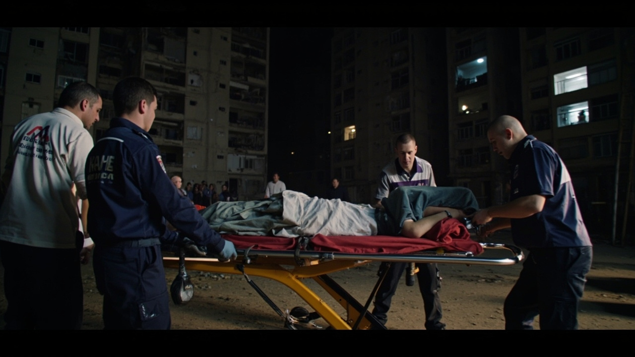 Magen David Adom paramedics treating wounded civilians on stretchers outside damaged apartment blocks in Arad under emergency floodlights