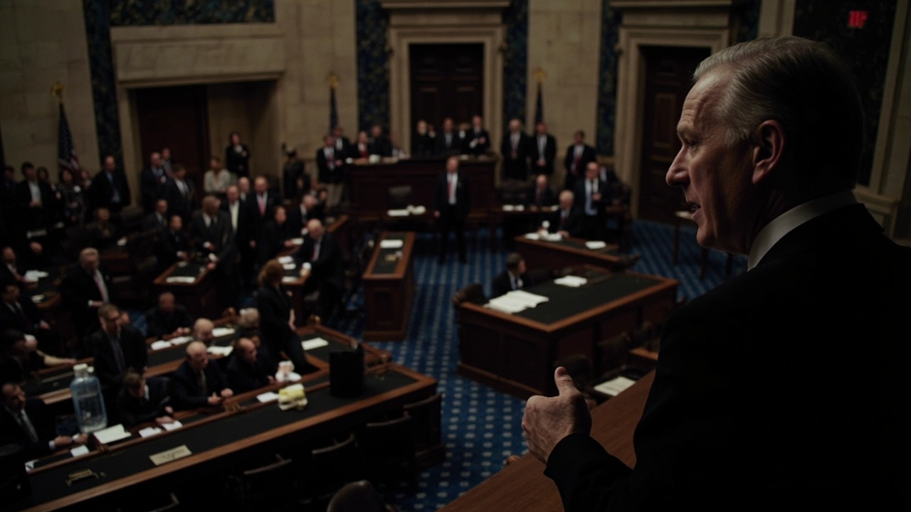 The U.S. Senate chamber viewed from the gallery with senators visible at their desks during a floor vote, the tally board showing 47-53