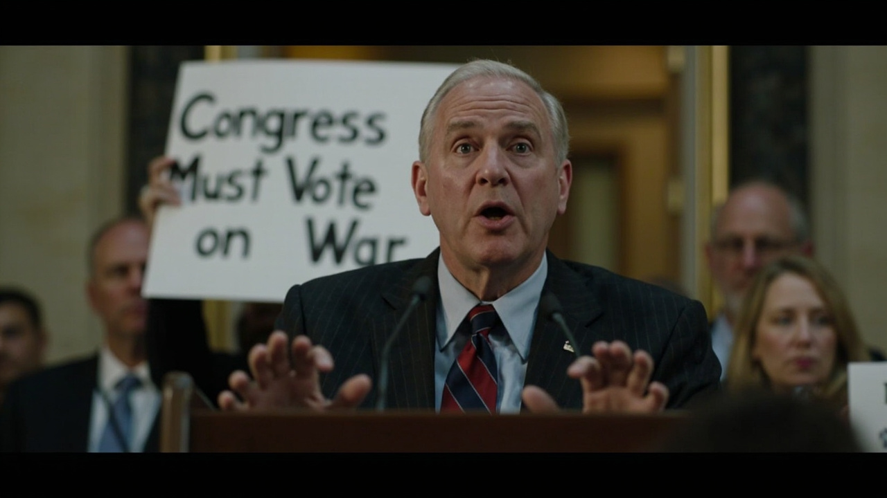 Senator Tim Kaine speaking at a podium with a sign reading 'Congress Must Vote on War' behind him
