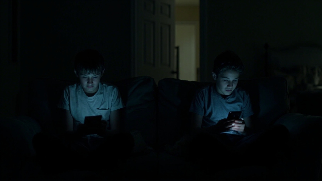 A couple sitting on opposite ends of a couch at night, both illuminated by separate phone screens, a darkened bedroom doorway visible behind them