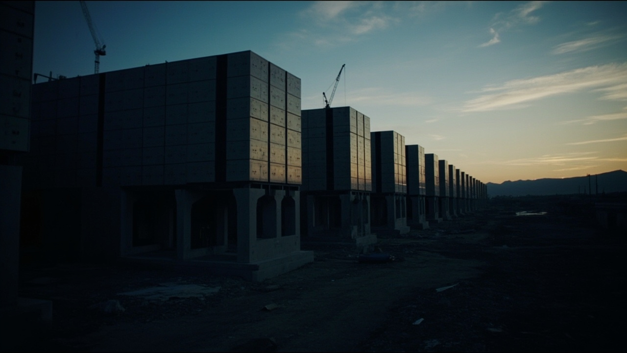 A row of massive data center buildings stretching toward the horizon under construction, with cranes and concrete pillars visible against a twilight sky