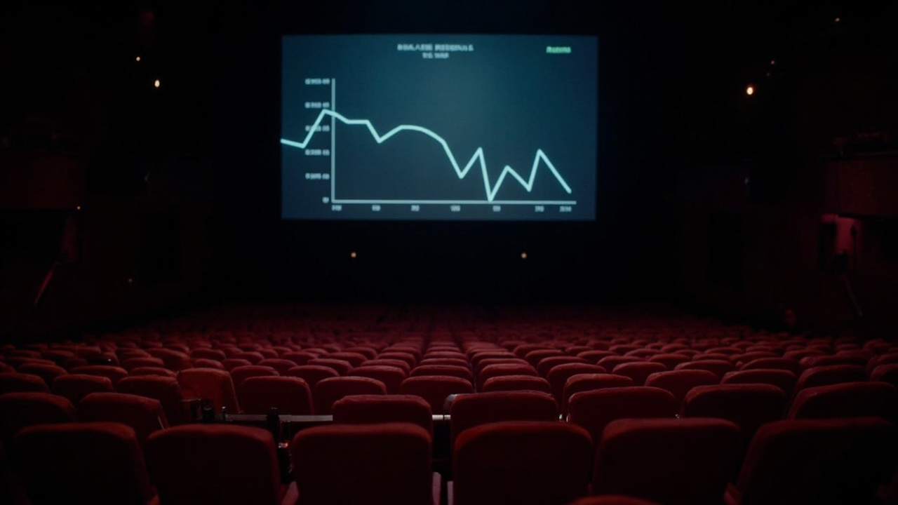 An empty movie theater auditorium with rows of red seats and a dimly lit screen showing a box office revenue chart trending downward