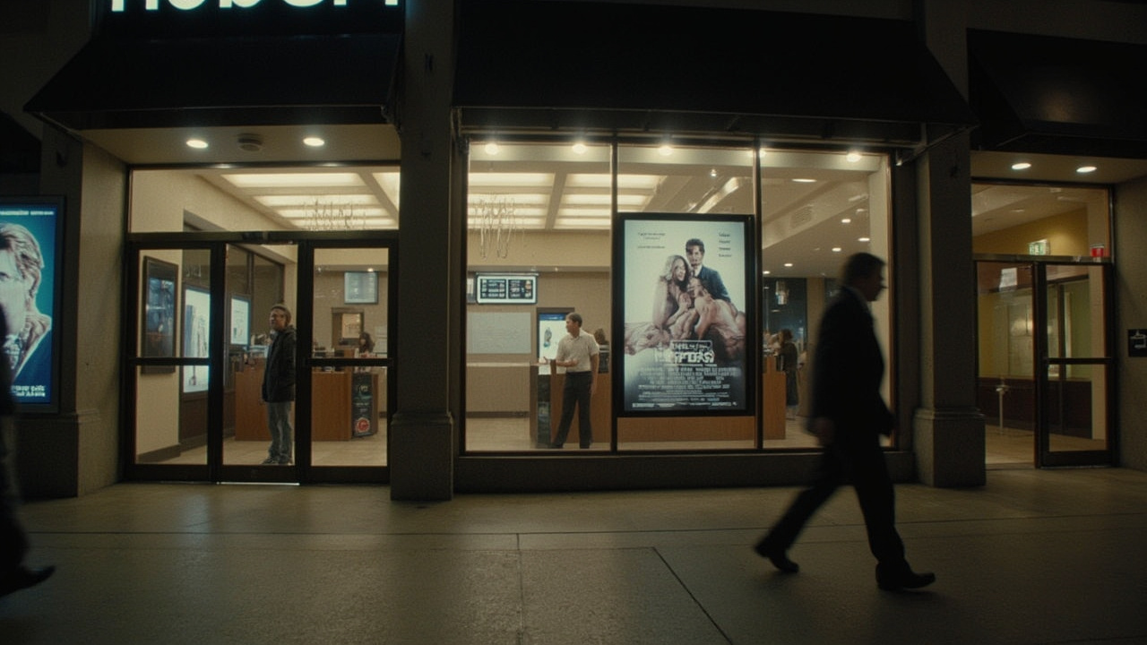 A Hoppers movie poster displayed outside a multiplex cinema with sparse foot traffic visible in the lobby