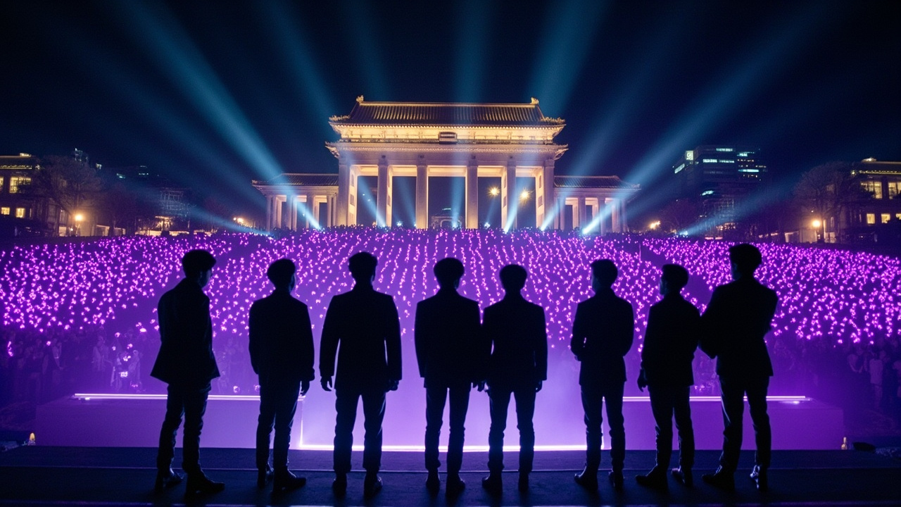 The seven members of BTS standing on the illuminated stage at Gwanghwamun Square in Seoul at night, with the ancient gate visible behind them and a sea of ARMY Bombs glowing purple in the crowd