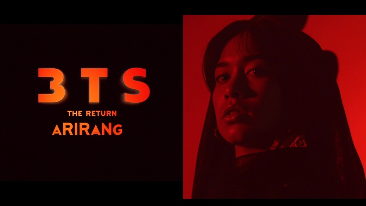 A split image showing the BTS: THE RETURN documentary title card on the left and the ARIRANG album cover on the right, both rendered in Netflix's signature red and black palette