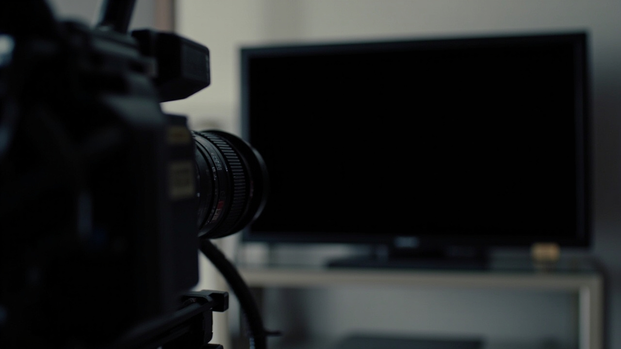 A television camera pointed at a blacked-out monitor inside a press room in Tel Aviv