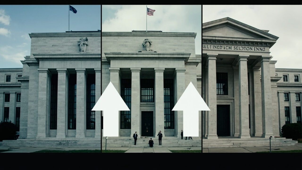 A split-screen of the Federal Reserve, European Central Bank, and Bank of England buildings with rate decision arrows pointing in different directions