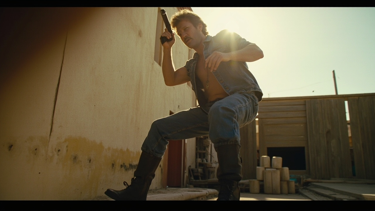 Chuck Norris in a classic fighting stance from a 1980s film still, sunlight catching behind him, wearing his signature denim and boots