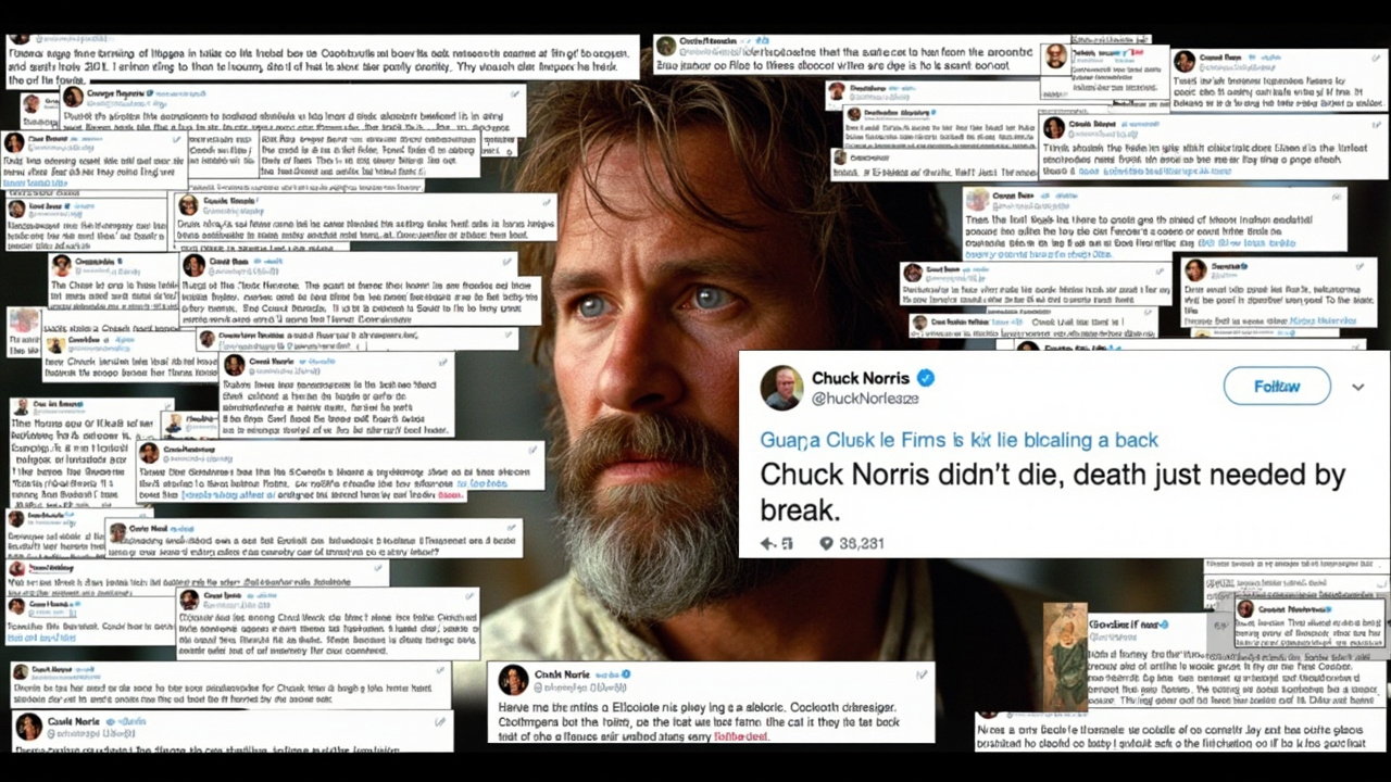A collage of classic Chuck Norris Facts text screenshots from early 2000s internet forums alongside a modern tweet reading 'Chuck Norris didn't die, death just needed a break'
