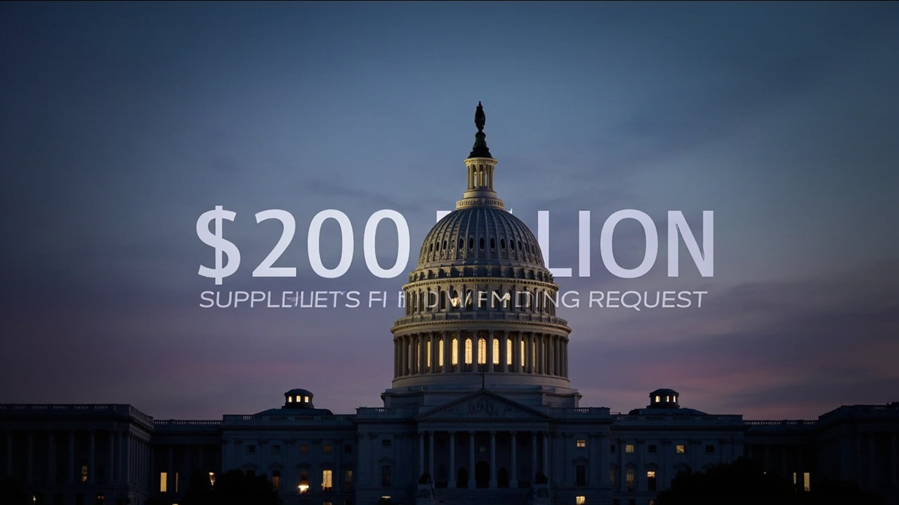 The U.S. Capitol dome at dusk with a large digital ticker superimposed showing the $200 billion supplemental war funding request figure