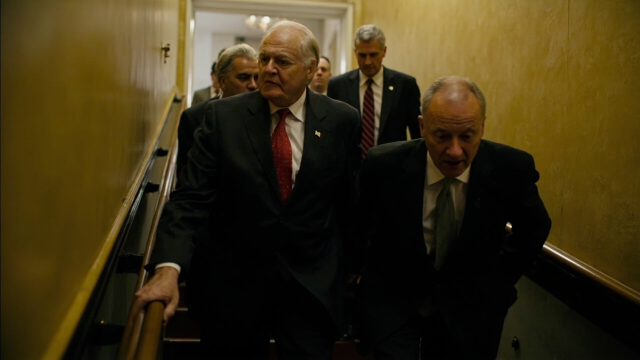 Members of Congress descending a Senate stairwell after a war powers vote, with visible tension in their body language