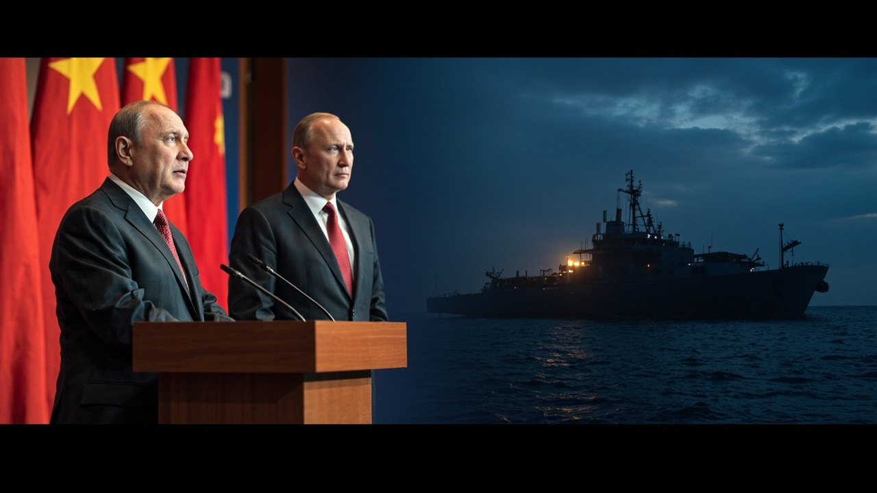 Split image showing Chinese and Russian diplomats at UN podiums voicing neutrality alongside a silhouetted cargo vessel in a port at night suggesting covert arms transfers