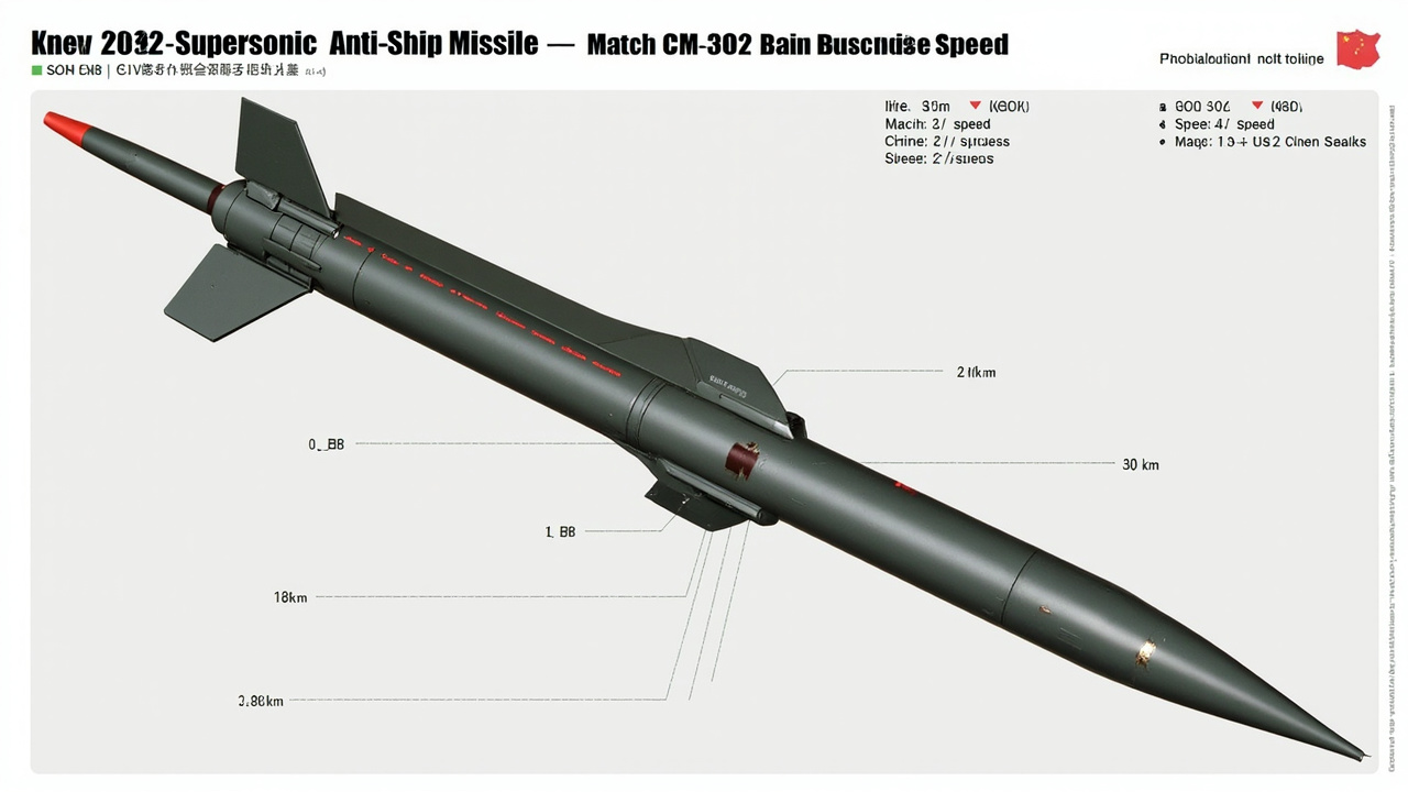 Technical diagram of the Chinese CM-302 supersonic anti-ship missile with specifications showing Mach 3 speed and 460-kilometer range