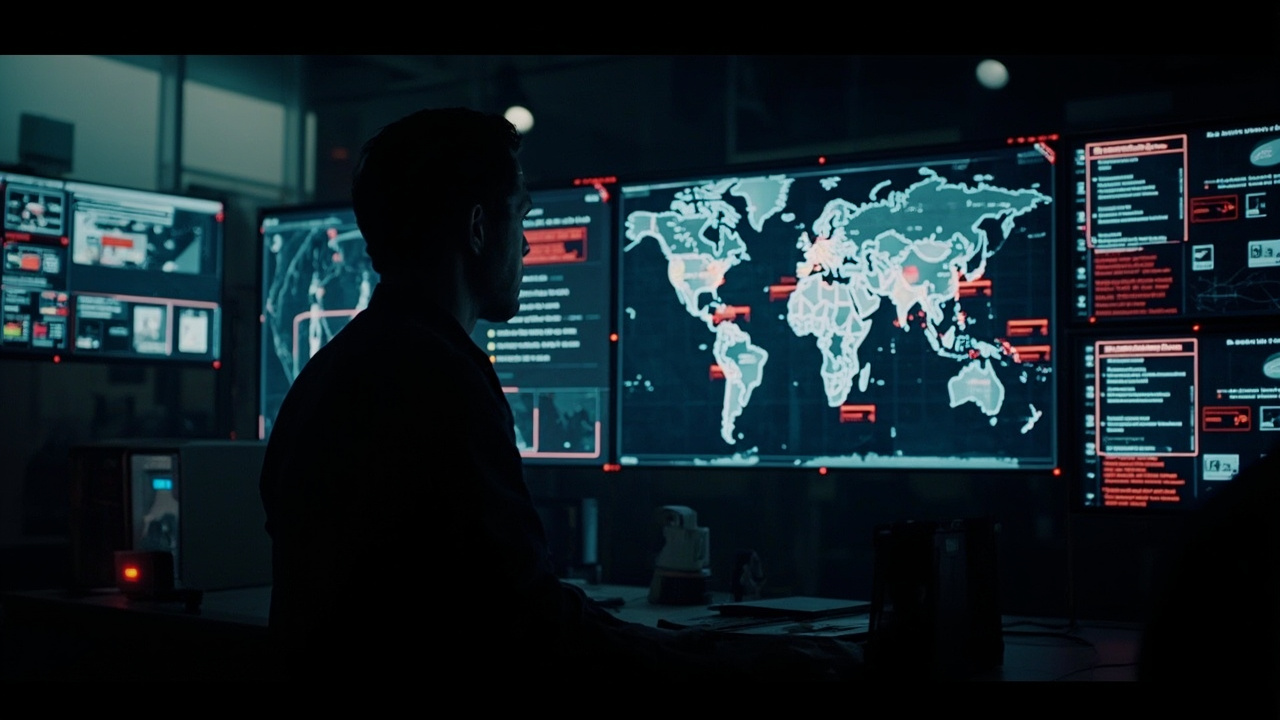 A dark operations center with multiple screens displaying network intrusion maps and Iranian cyber group identifiers with red alert indicators across a global network visualization