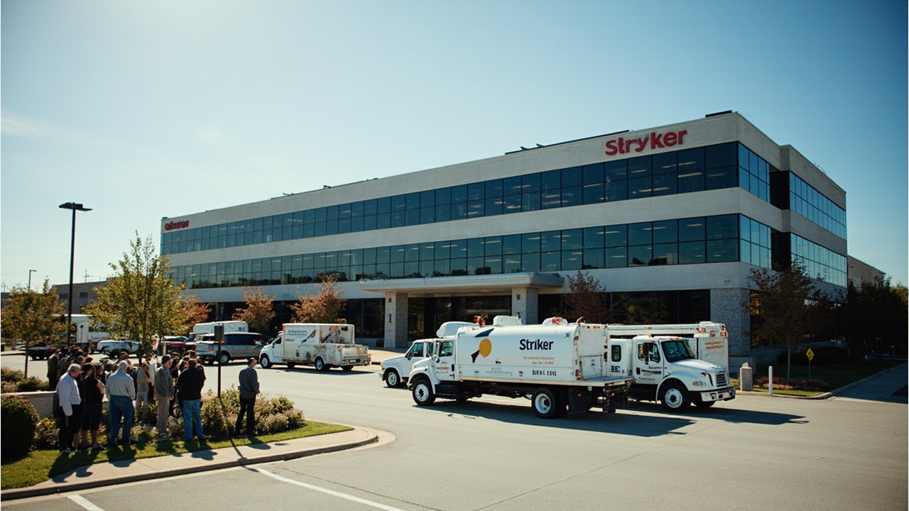 The Stryker Corporation headquarters in Kalamazoo, Michigan with IT service trucks parked outside and employees gathered in the parking lot during the system restoration