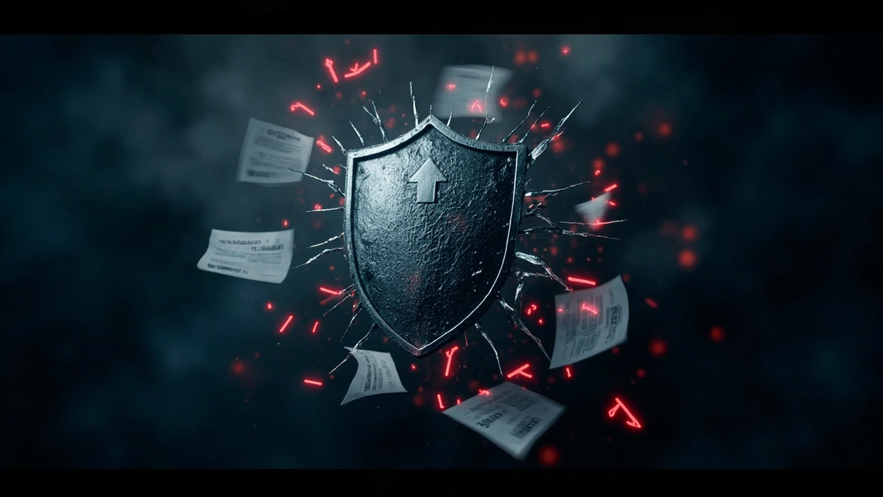 A digital shield icon cracking under pressure against a dark background with cascading red warning alerts and insurance policy documents