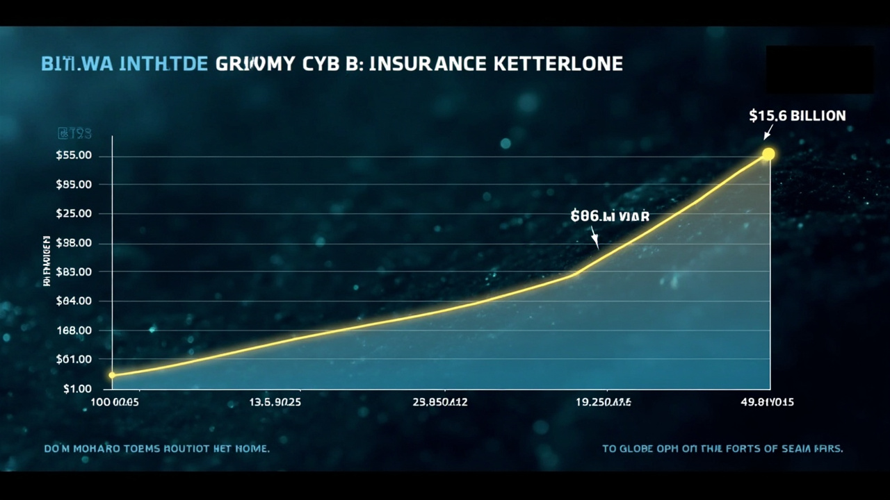 A projected growth curve for global cyber insurance premiums from $15.6 billion in 2025 to $16.4 billion in 2026, with an annotation showing the Iran war inflection point