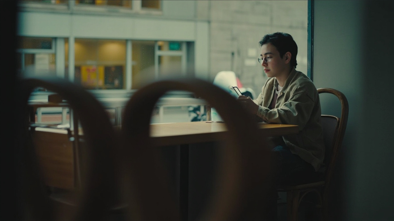 A young person sitting alone at a cafe table looking at a phone with dating app notifications, an empty chair across from them