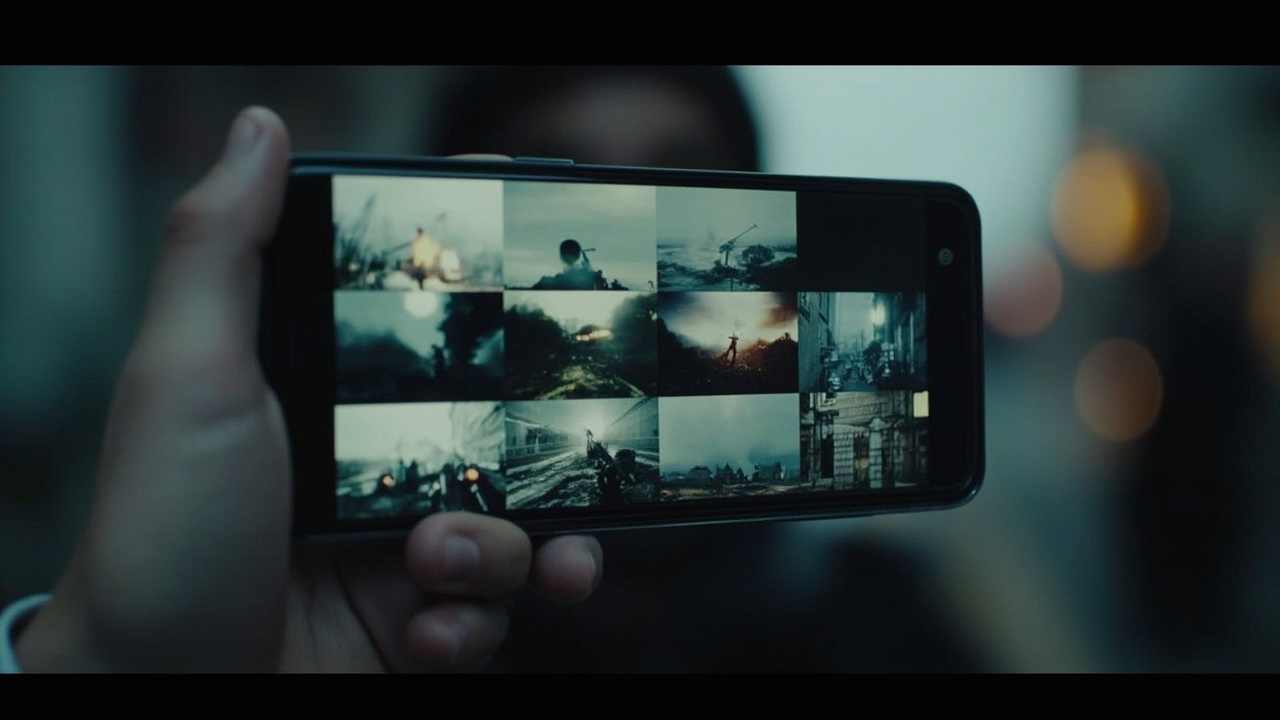 A smartphone screen displaying multiple AI-generated war images alongside real conflict footage, the line between them indistinguishable