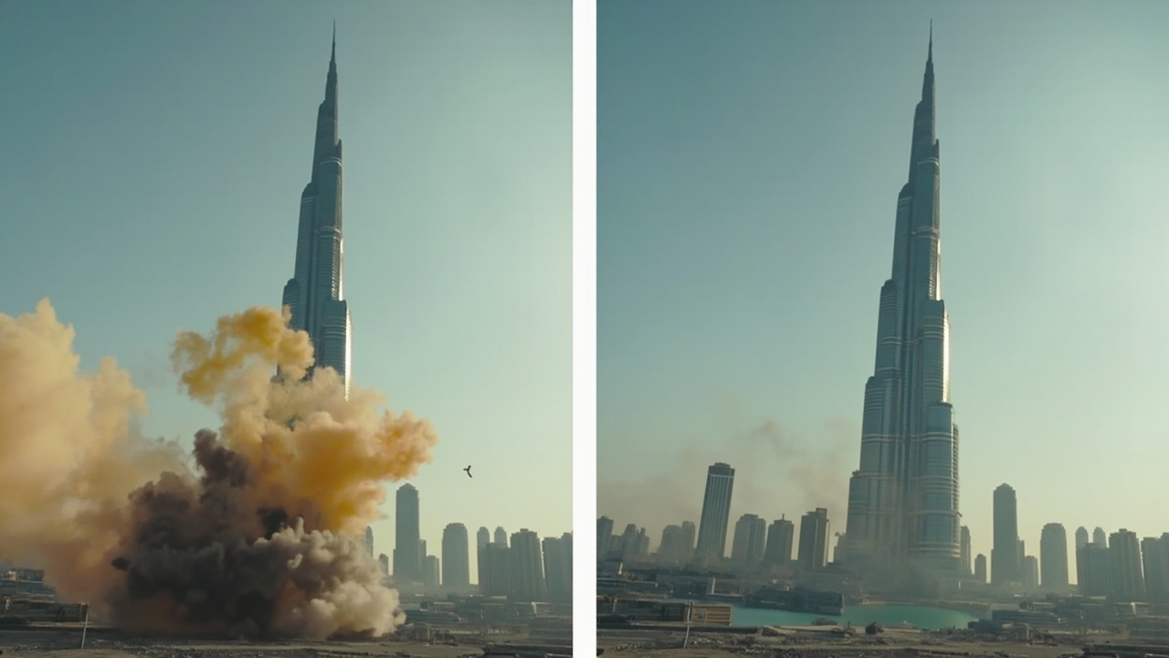 Split-screen comparison showing an AI-fabricated missile strike on the Burj Khalifa next to the actual undamaged building