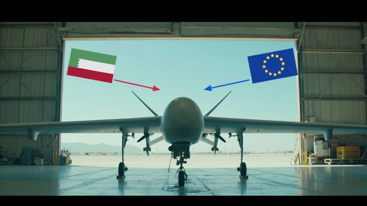 A European defense startup's drone prototype in a test hangar, with overlaid graphics showing venture capital funding arrows flowing from Gulf state flags toward European Union stars
