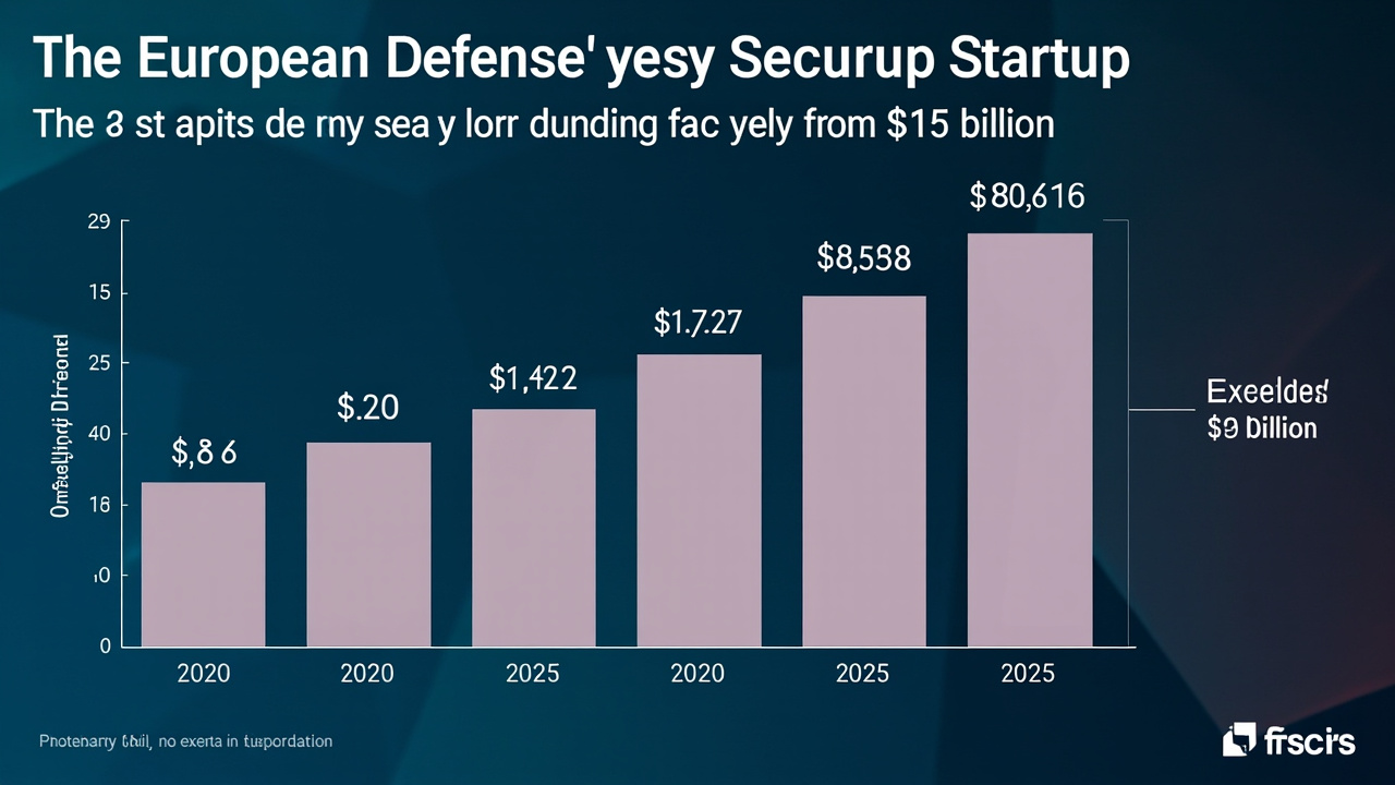 A bar chart showing European defense and security startup funding from 2020 to 2025, rising from under $1 billion to a record $8.7 billion, with a projected 2026 bar exceeding $15 billion