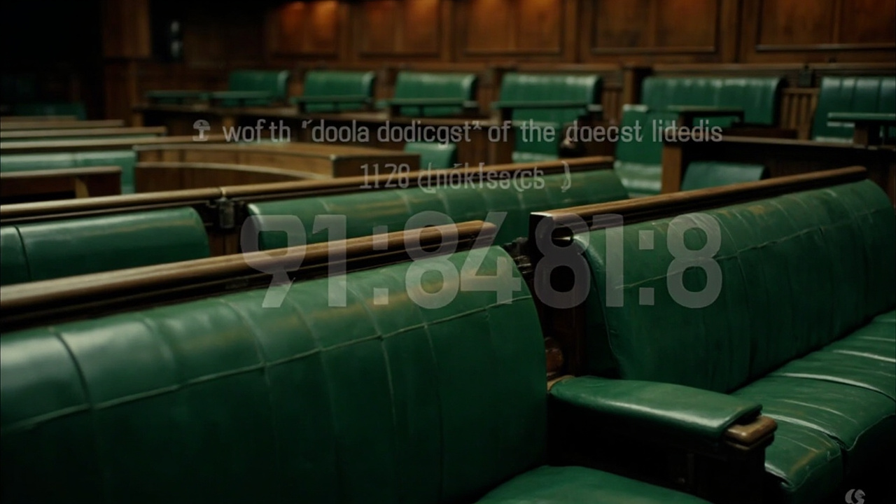 Empty green benches of the UK House of Commons chamber with an overlaid timestamp showing weeks since the Diego Garcia strike with no dedicated debate