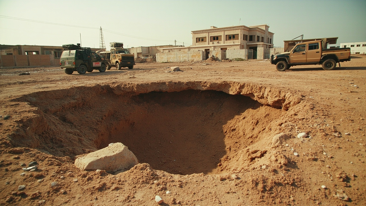 Crater and structural damage in Dimona near the nuclear research facility with Israeli military vehicles establishing a perimeter