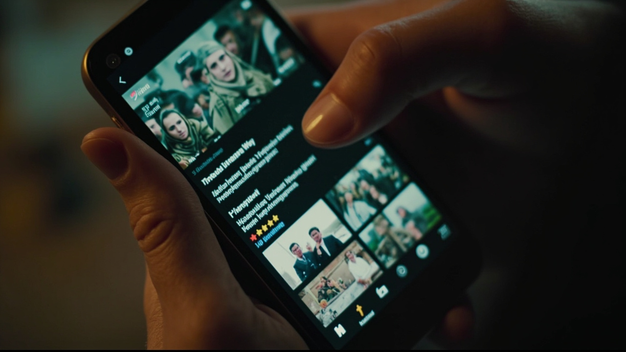 A close-up of a phone screen showing a TikTok feed filled with war-related content thumbnails, the user's thumb poised mid-scroll