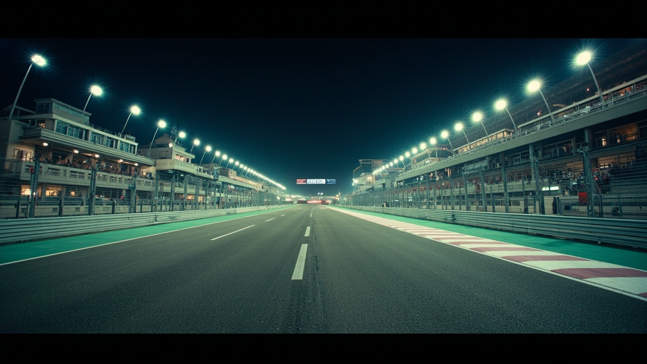 An empty Formula 1 pit lane at the Bahrain International Circuit under floodlights
