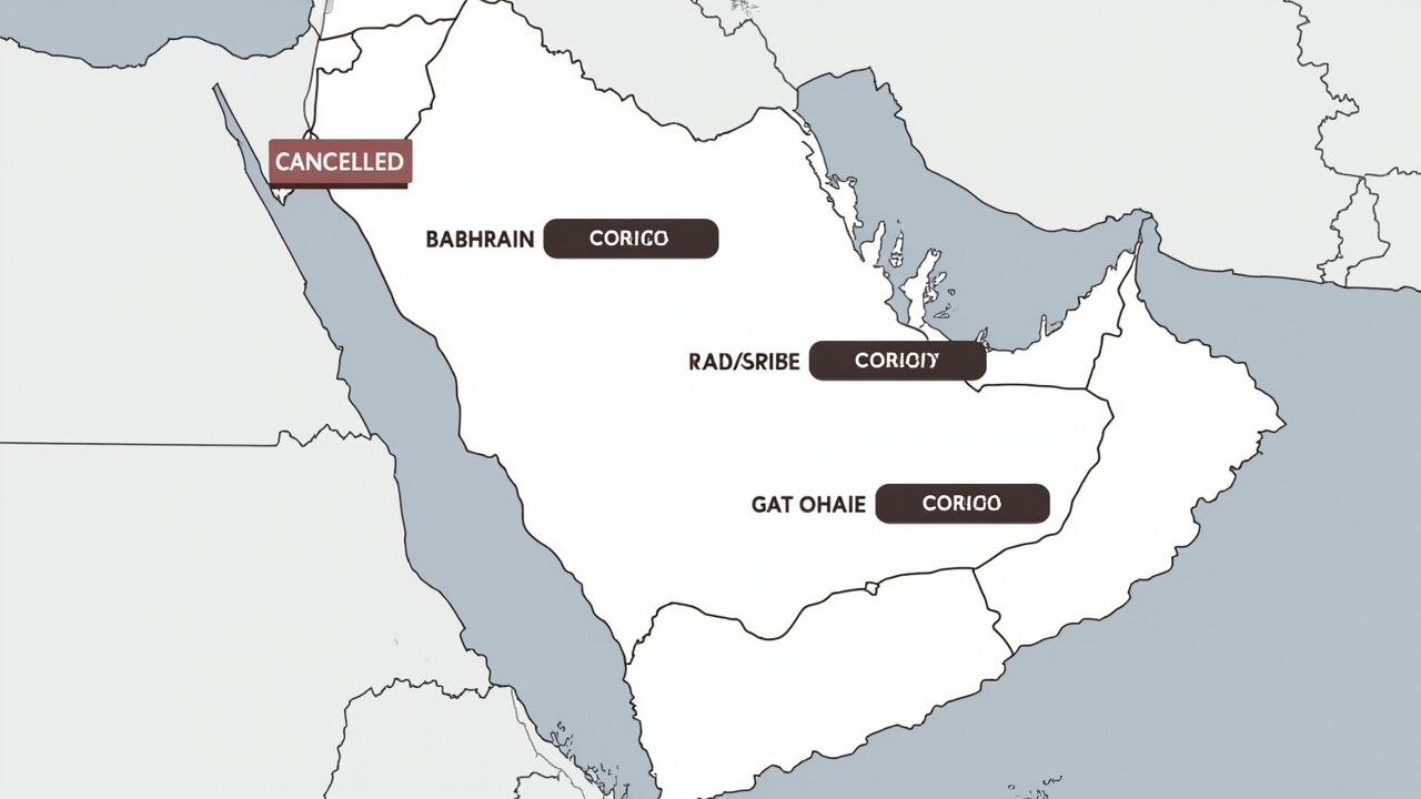 A map of the Persian Gulf region highlighting cancelled sporting events across Bahrain, Saudi Arabia, Qatar, and the UAE