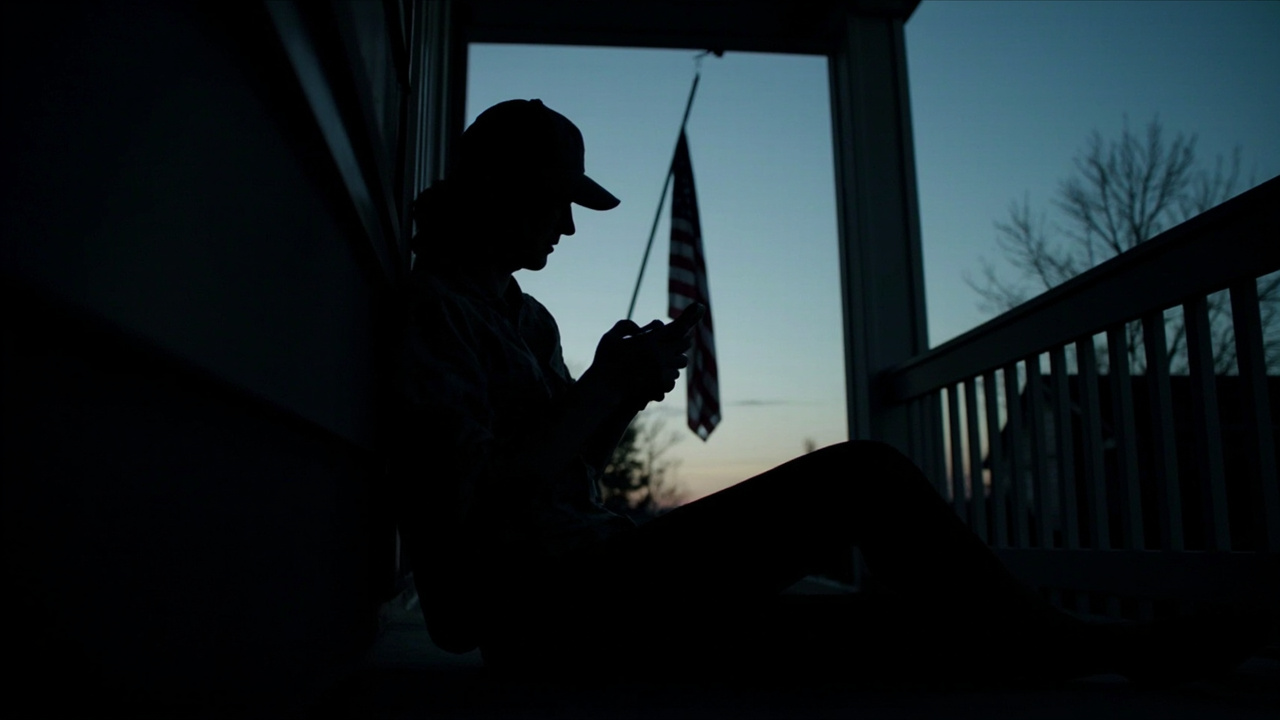 A military spouse sits on a porch at dusk, staring at a phone with no new messages, an American flag hanging limp in the still air