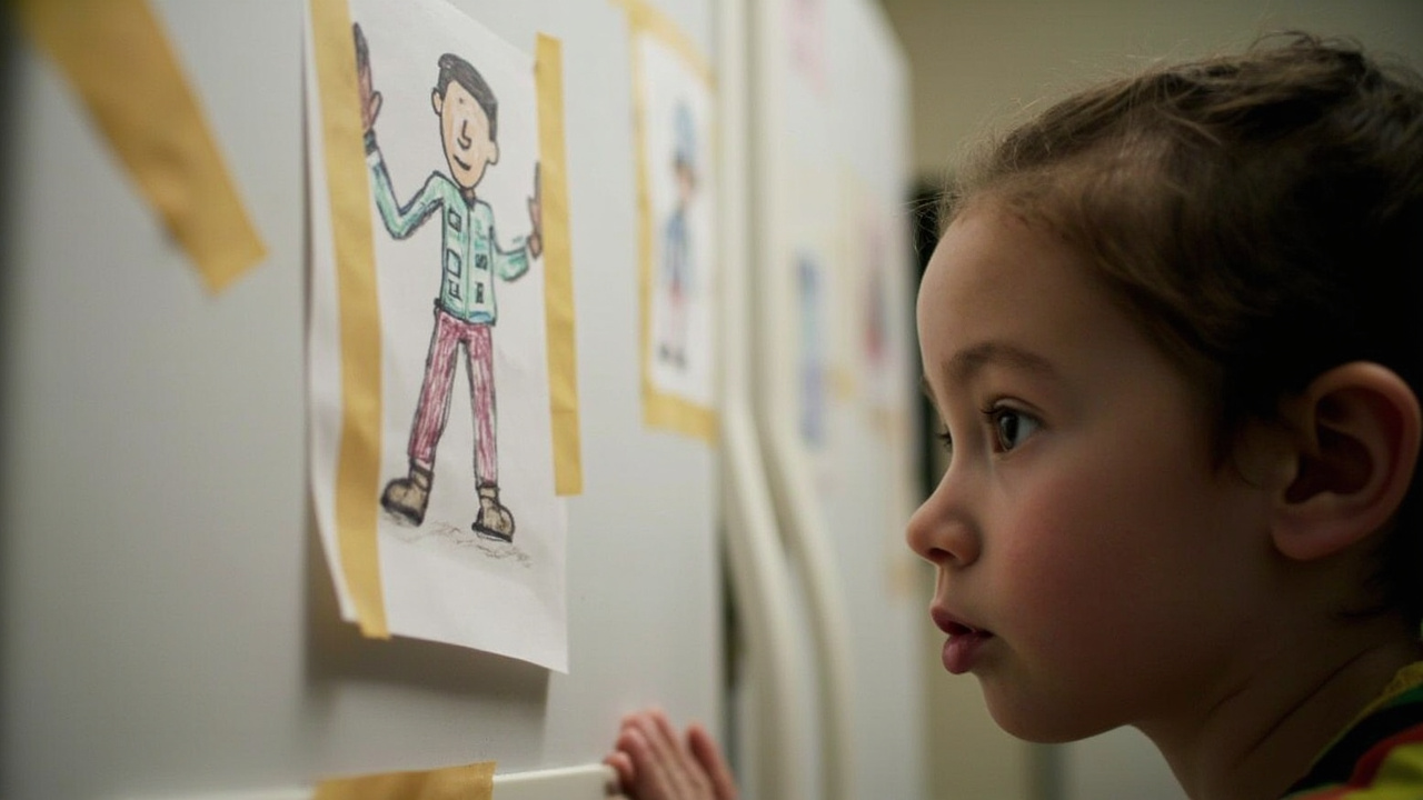 Children's drawings taped to a refrigerator on a military base, one depicting a stick figure in fatigues waving goodbye