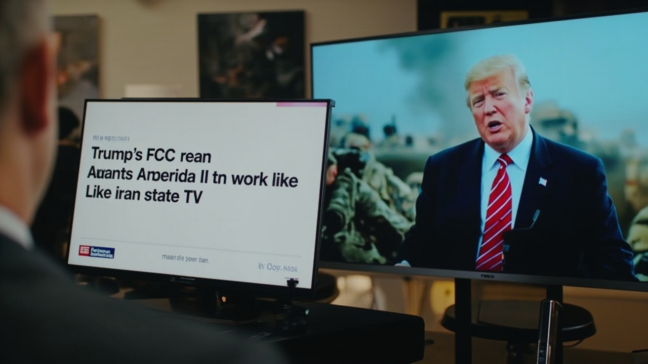 Split screen showing The Guardian headline 'Trump's FCC chair wants American media to work like Iran's state TV' beside Iranian state television broadcasting footage of the same war
