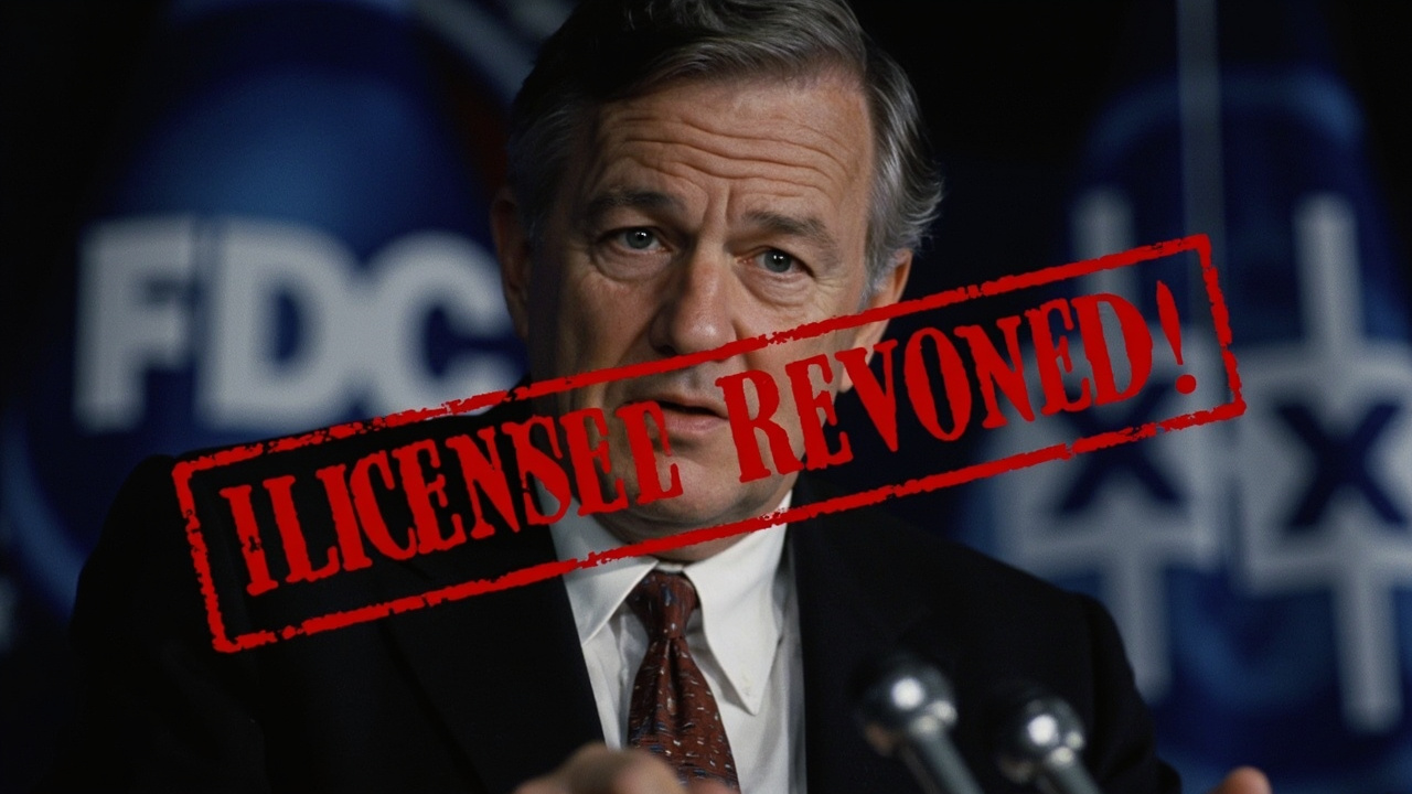 FCC Chairman Brendan Carr at a podium with network broadcast logos dimmed and a red 'LICENSE REVOKED' stamp overlaid, symbolizing regulatory intimidation of wartime press coverage