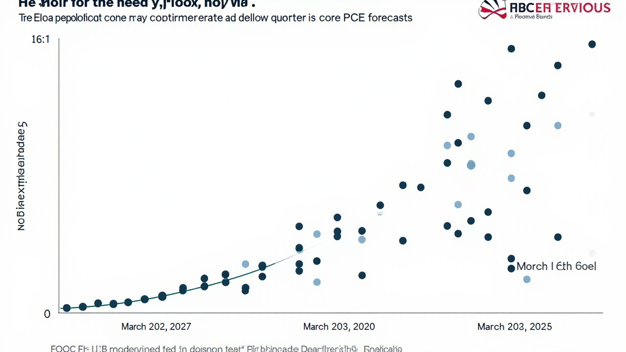 The March 2026 FOMC dot plot showing the median projection of one quarter-point cut, with several dots clustered at the current rate and one dissenting dot below, against a backdrop of rising core PCE forecasts