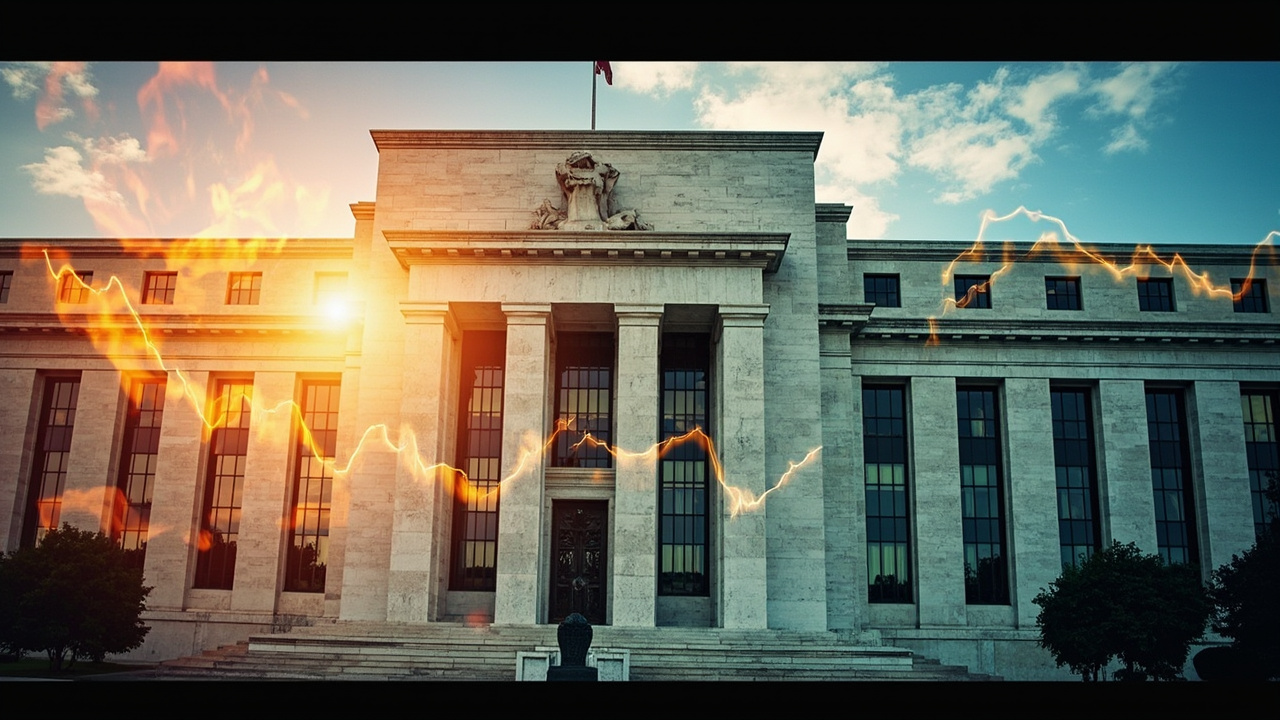 The Federal Reserve building in Washington with an oil barrel and upward-trending inflation graph superimposed, reflecting the collision of monetary policy and wartime energy shock