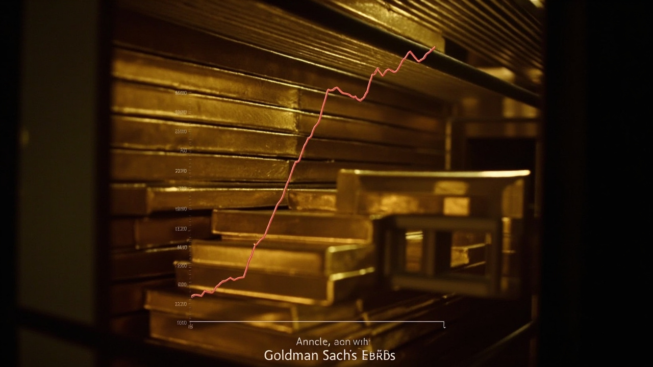 Stacked gold bars in a vault with an overlaid comparison of Goldman Sachs's January forecast versus the actual price trajectory