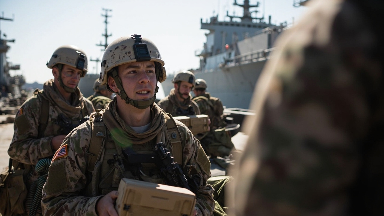 U.S. Marines from the 31st Marine Expeditionary Unit loading equipment onto amphibious assault ships at a California naval base with landing craft visible in the background