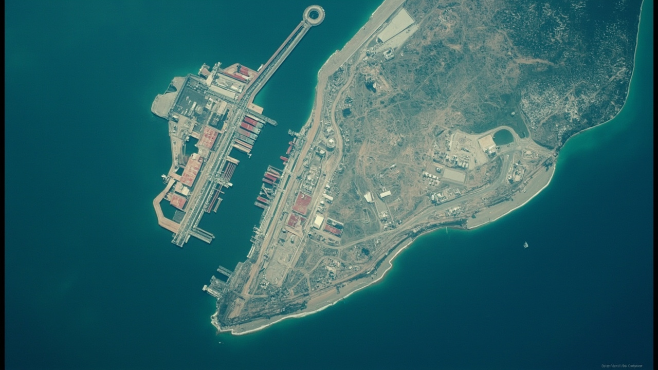Satellite view of Kharg Island in the Persian Gulf showing oil terminal infrastructure and tanker berths that handle 90 percent of Iran's crude exports