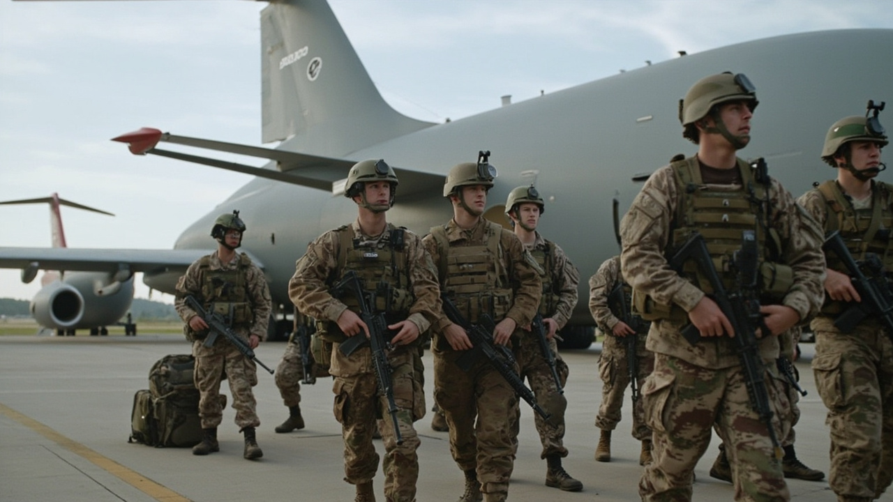 Paratroopers of the 82nd Airborne Division at Fort Liberty with packed equipment staged on the tarmac beside C-17 Globemaster transport aircraft