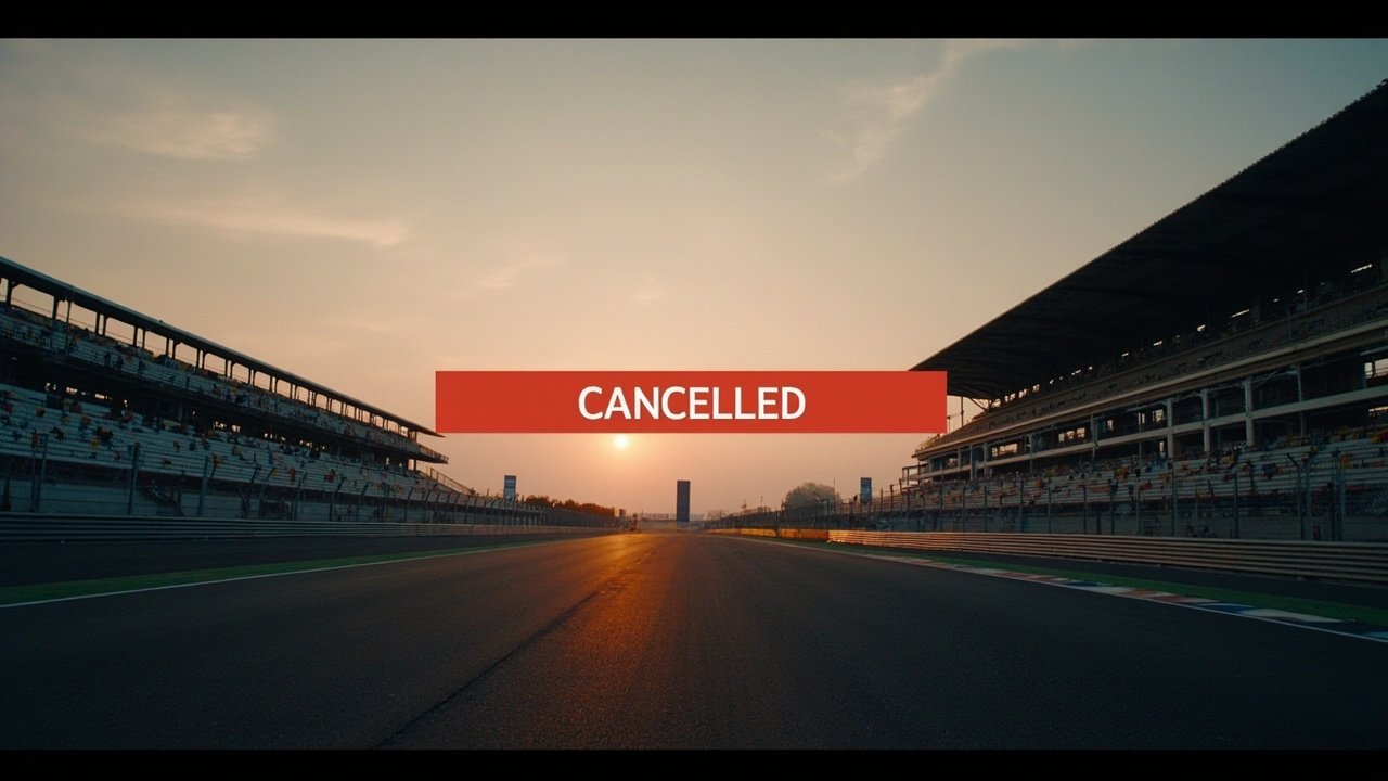 An empty Formula 1 circuit in the Gulf at dusk, grandstands vacant, with a 'CANCELLED' banner superimposed across the start-finish straight