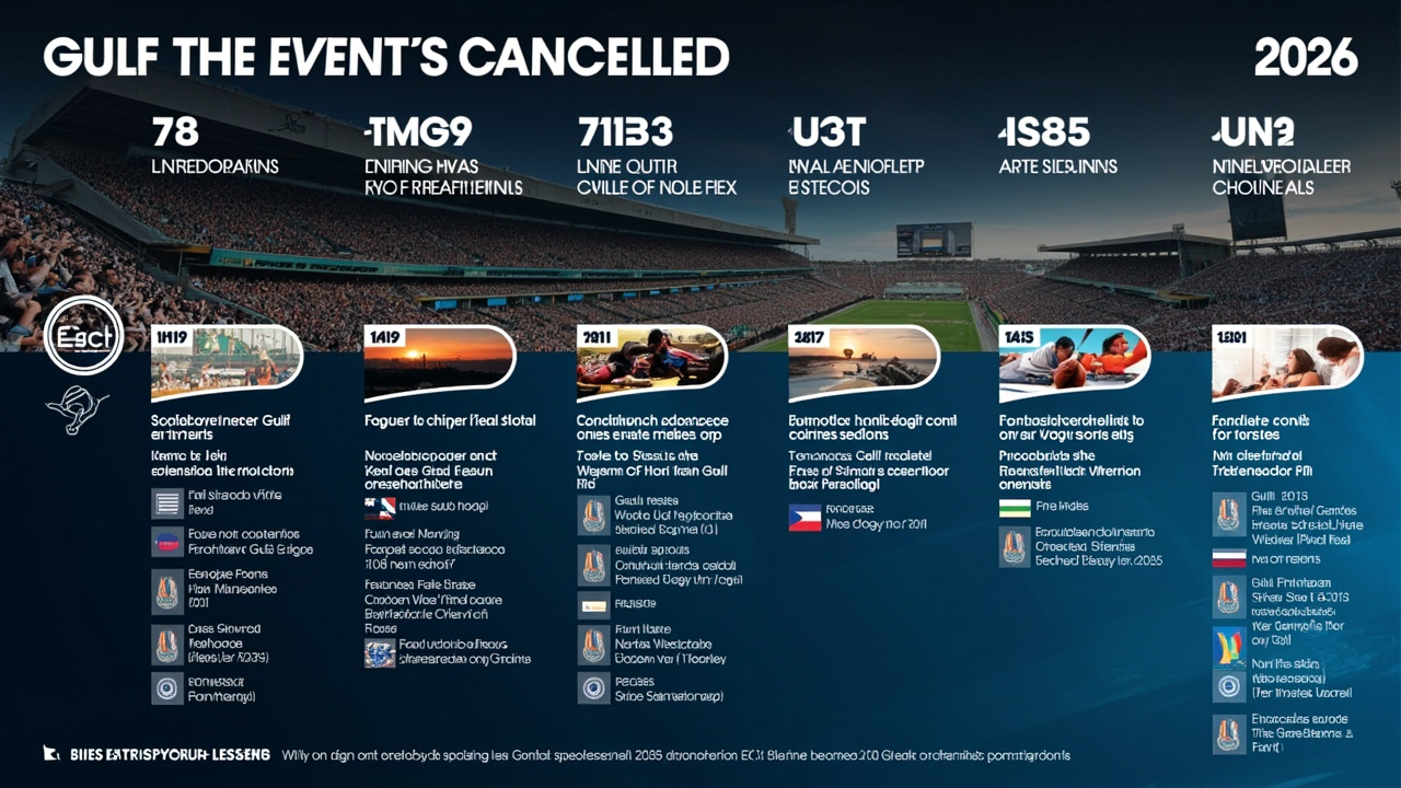 A timeline graphic showing cancelled Gulf sporting events from March to June 2026 including F1, FIFA Finalissima, ATP tennis, and EuroLeague basketball