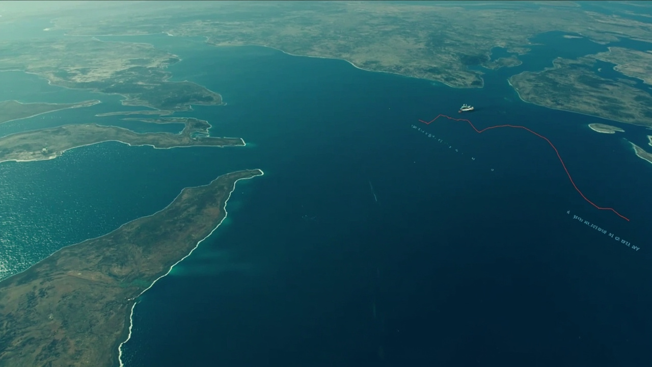A near-empty Strait of Hormuz seen from satellite view with a lone tanker transiting, overlaid with a dramatic traffic decline graph