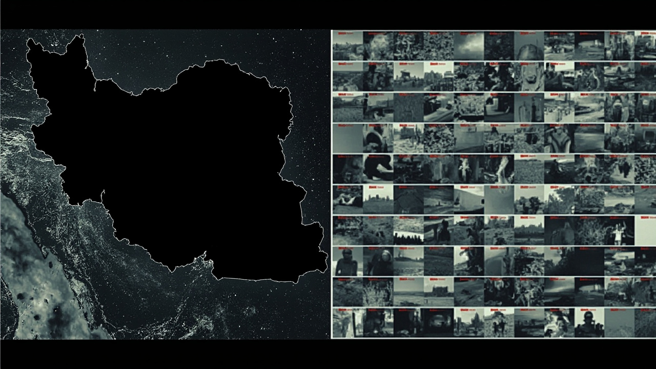 A split screen showing a blacked-out map of Iran on the left and a grid of AI-generated war images flagged with red warning labels on the right